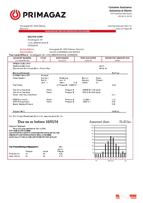 Denmark Primagaz Denmark gas business utility bill in word and pdf formats